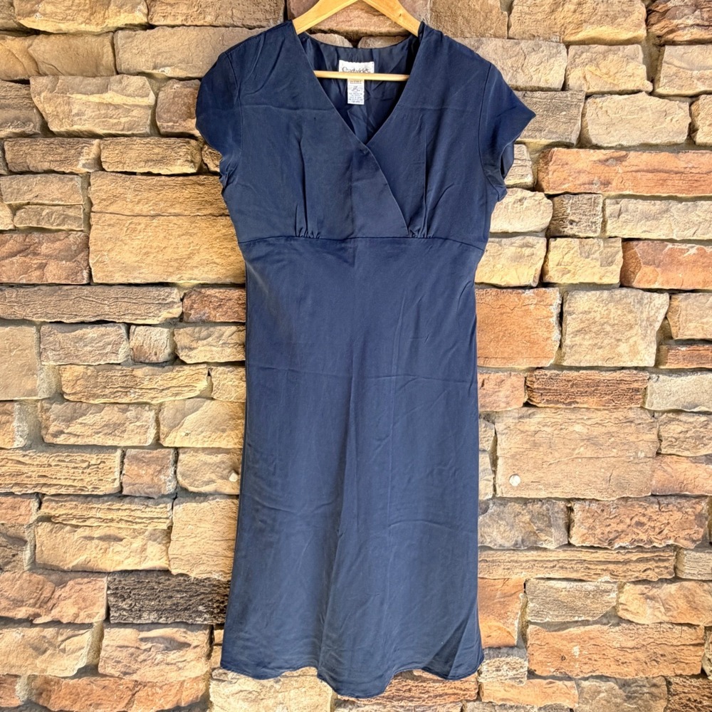 Chadwick's Navy Blue 100% Silk 14P Petite Cap Sleeve Empire Waist Dress Lined